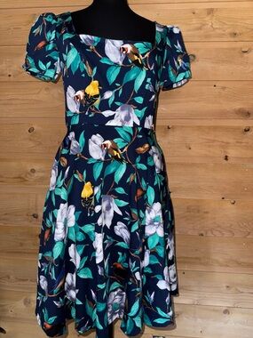Navy Floral Fit-and-Flare Dress with Bird Print XL